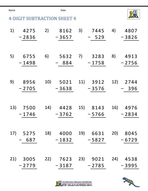 4 digit subtraction problems.